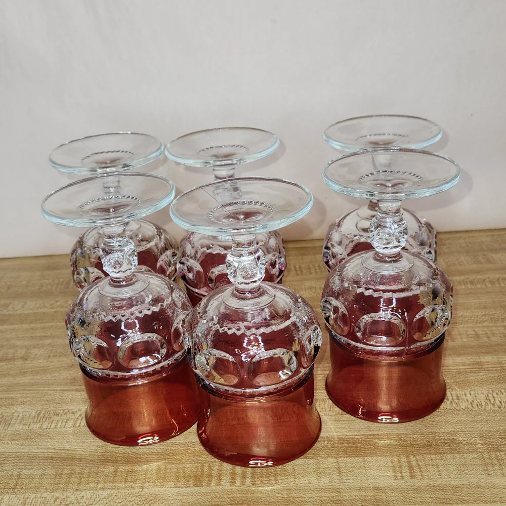 6 Indiana Tiffin King’s Crown Thumbprint Glass Ruby Globet Vintage